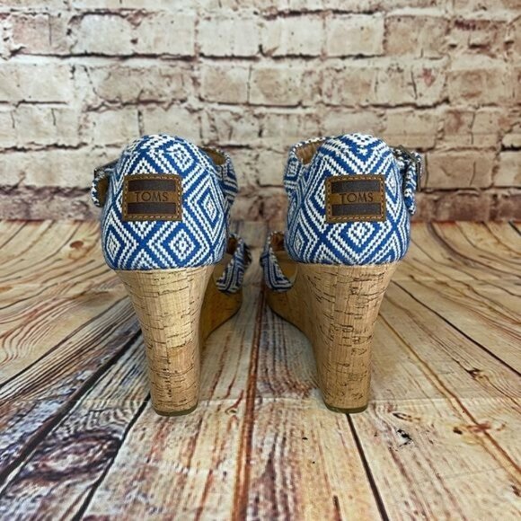 New Toms Blue & White Espadrille Cork Wedge sz 8.5 - Picture 5 of 7